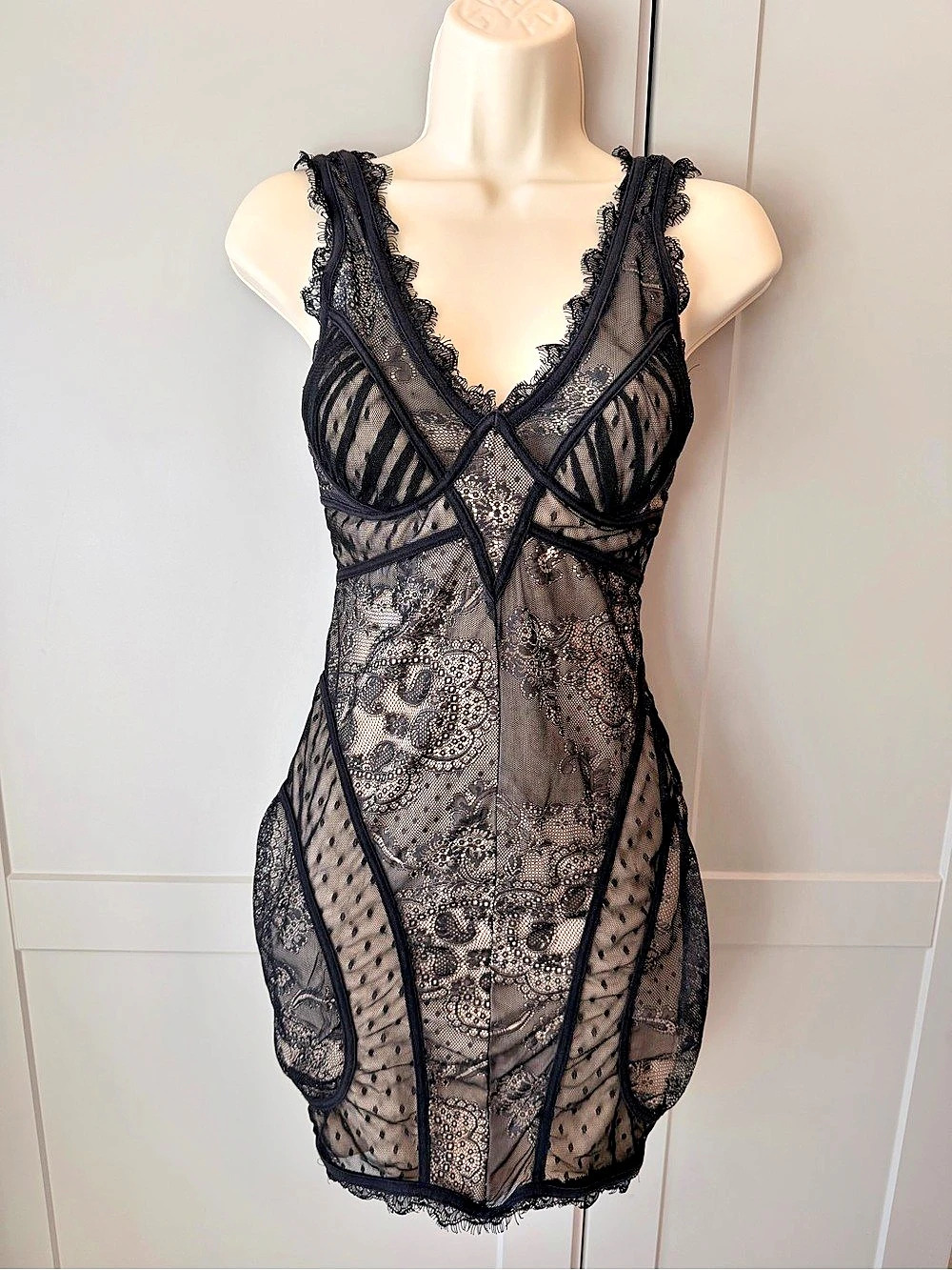 Bebe Y2K Black Lace Mesh Bodycon Mini Dress Corset Lingerie Style M